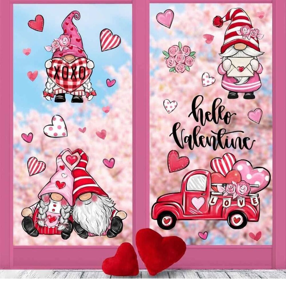 Valentine's Day Window Clings 4 Sheets, Hello Valentine Gnome Pink Love